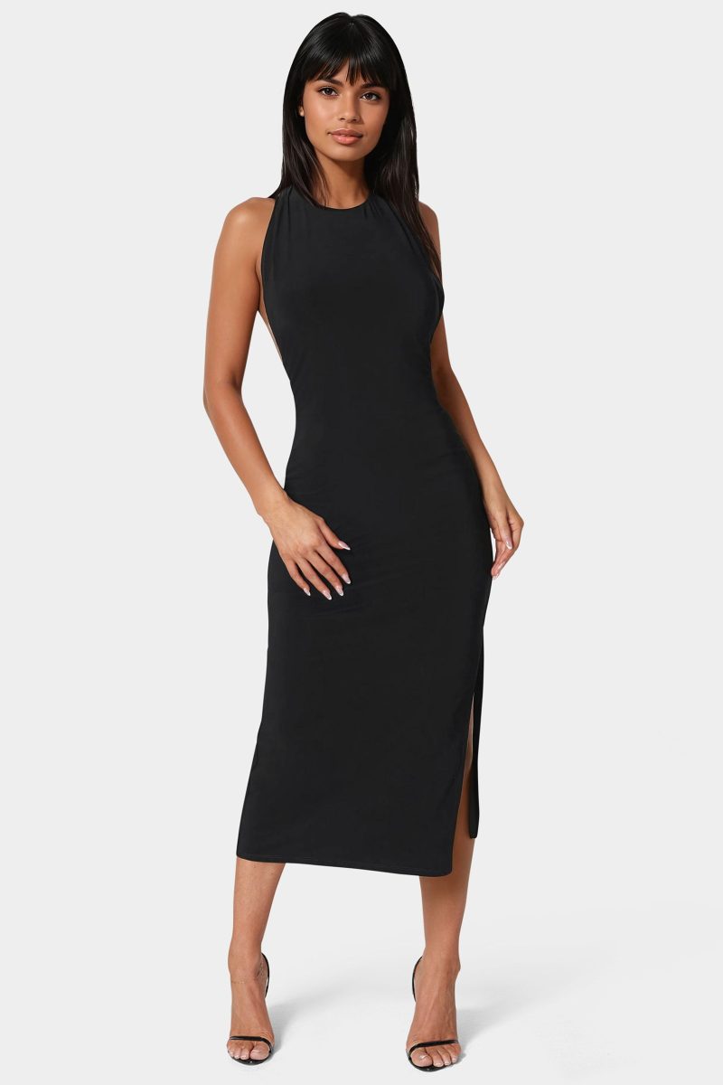 High Neck Cowl Maxi With Slit Dress