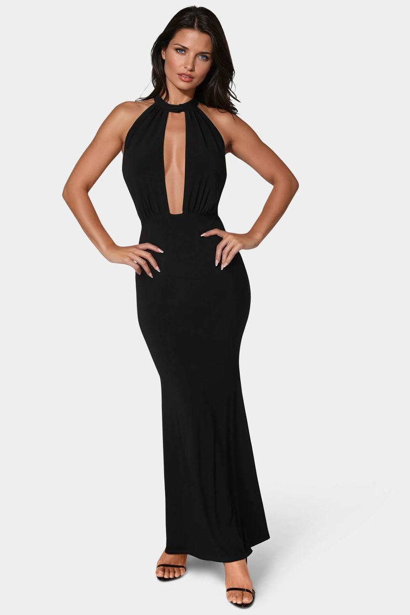 Plunge Neck Halter Floor Length Dress