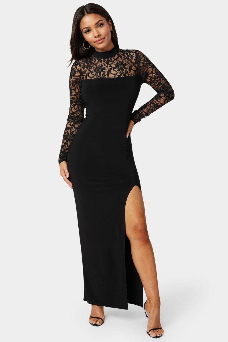 Mock Neck Lace Bodice Maxi Dress