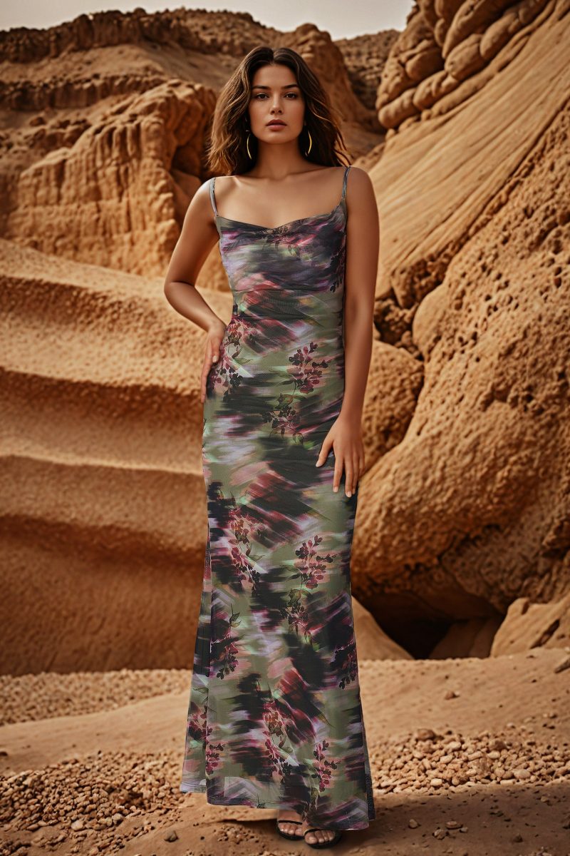 Printed Mesh Cowl Gown