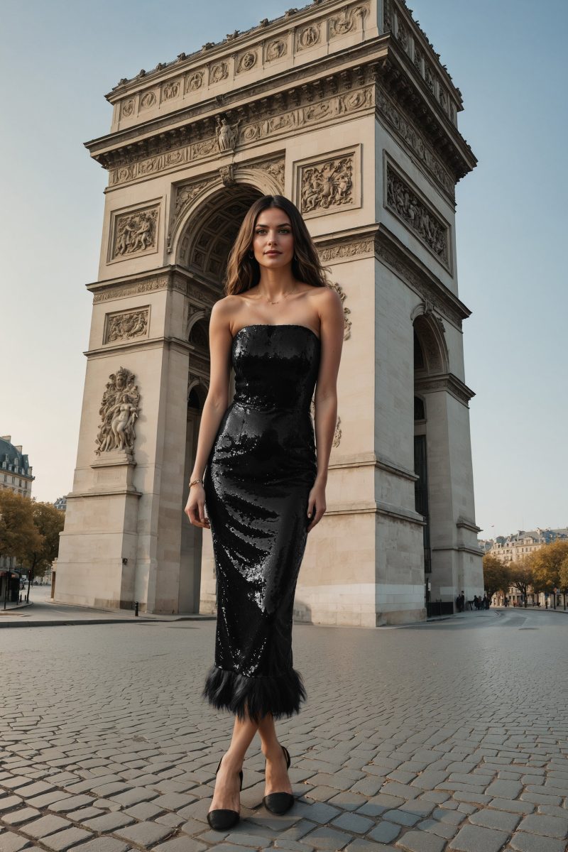 Sequin Strapless Midi Dress With Feather Trim