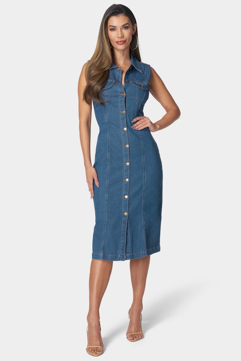 Sleeveless Front Button Denim Dress