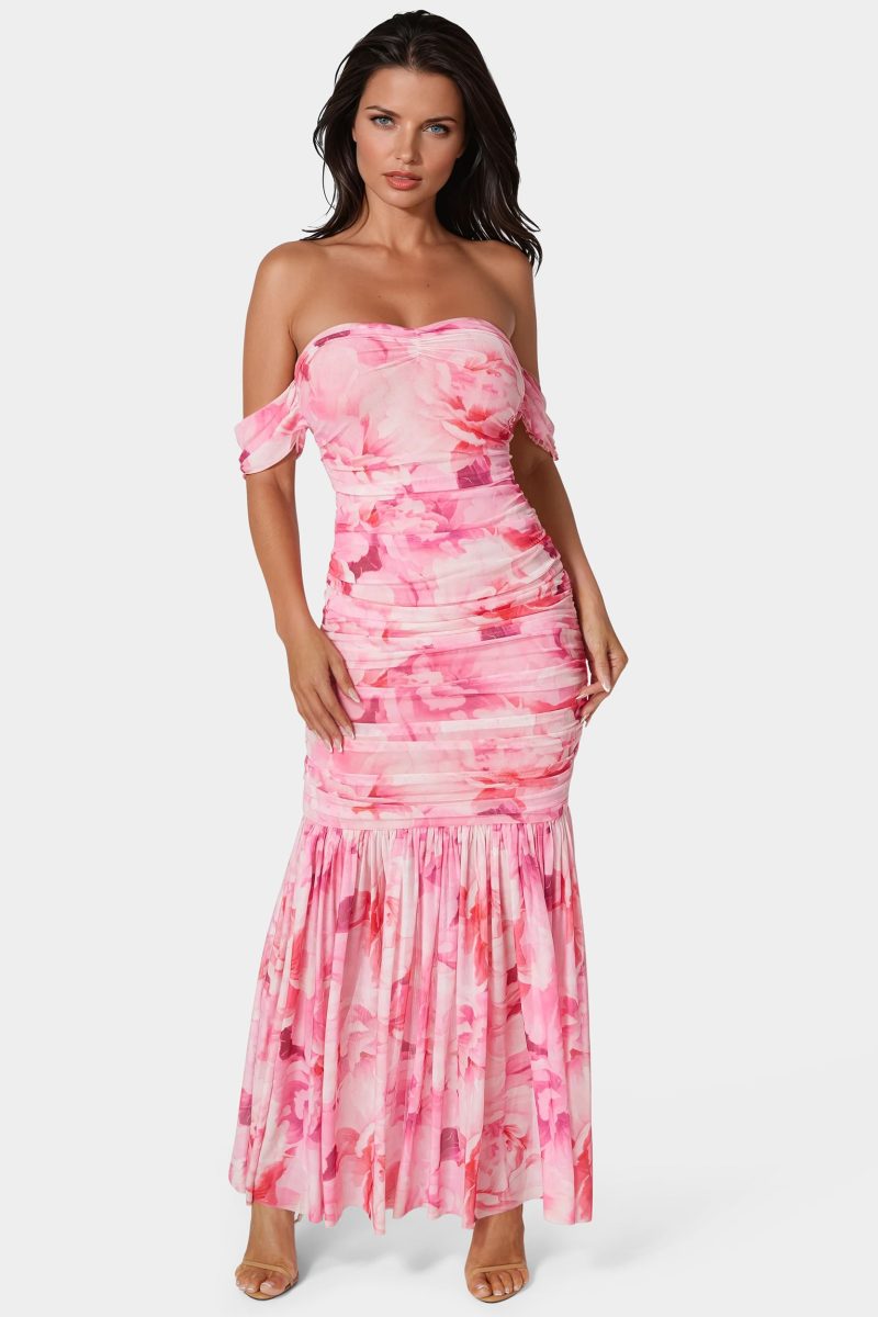 Off Shoulder Ruched Mesh Gown