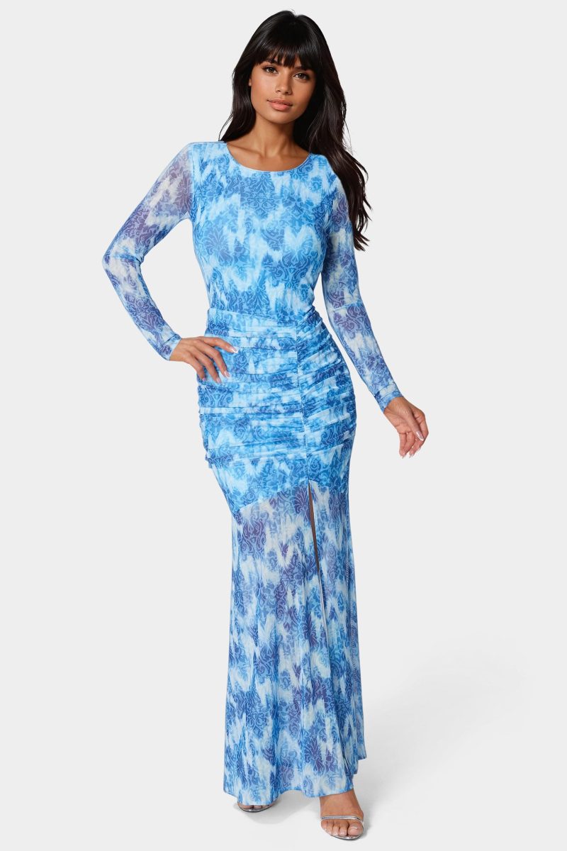 Ruched Longsleeve Printed Maxi Dress