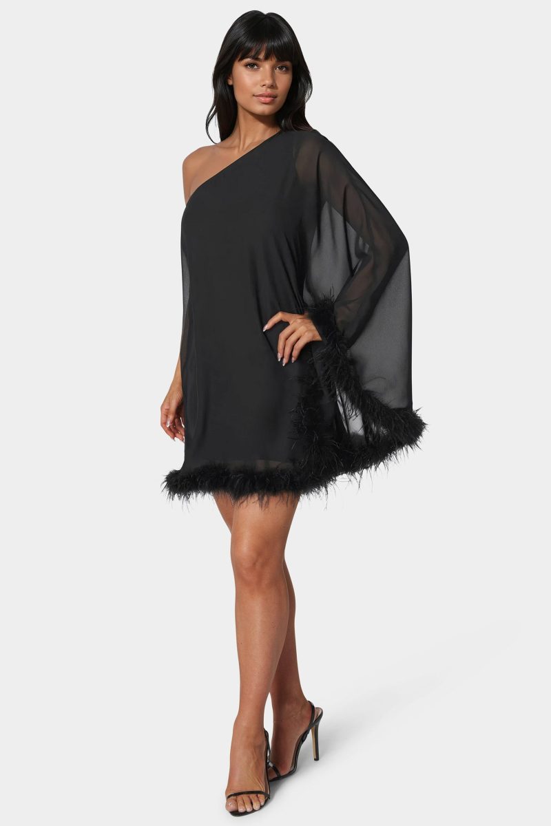 One Shoulder Feather Cape Dress