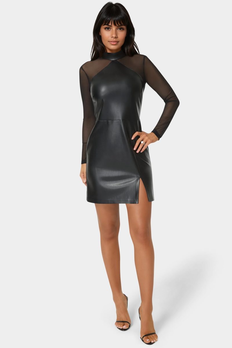 Faux Leather and Mesh Mock Neck Mini Dress