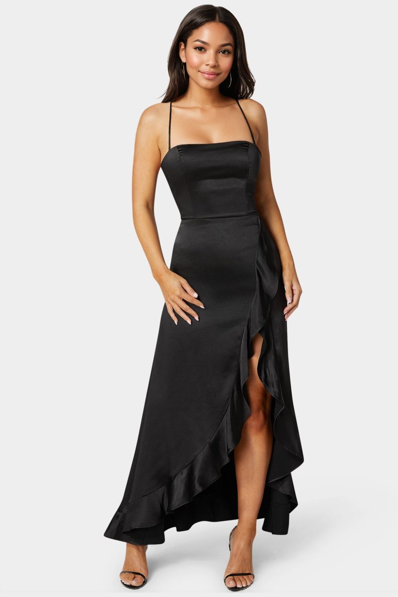 Satin Ruffle Maxi Lace Up Back