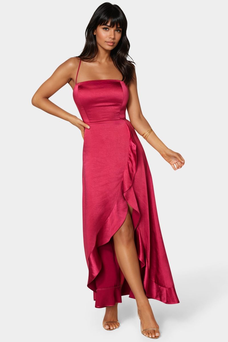 Satin Ruffle Lace Up Back Maxi Dress