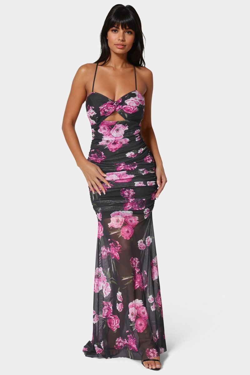 Twist Front Mermaid Mesh Gown