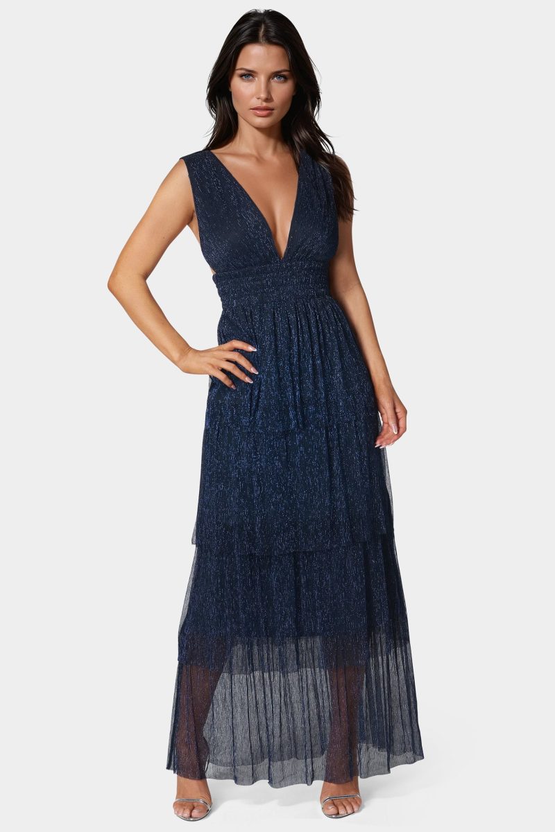 Tiered Plunge Neck Lurex Midi Dress