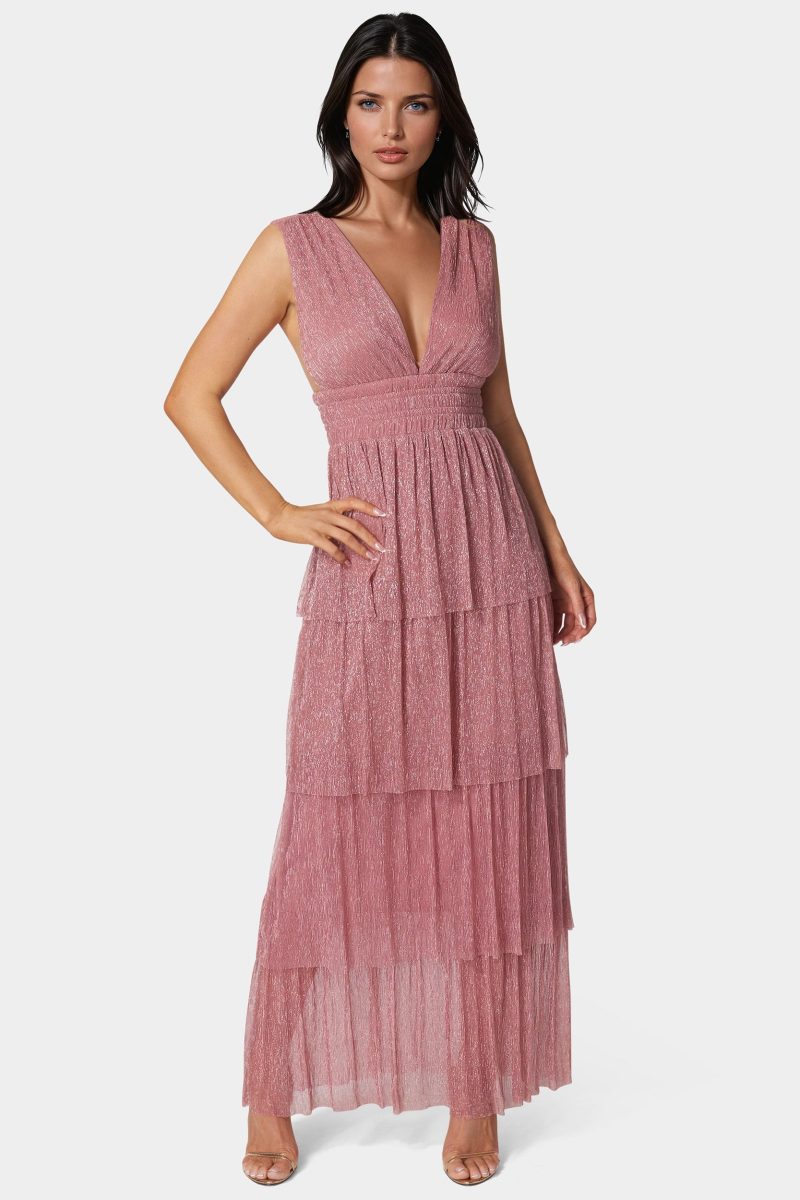 Tiered Plunge Neck Lurex Midi Dress