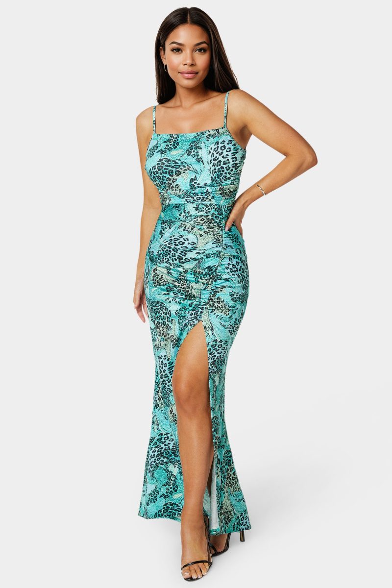 Ruched High Slit Printed Dress