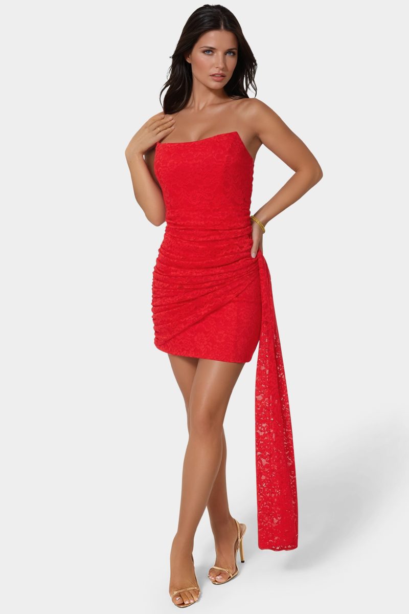 Strapless Lace Drape Detail Mini Dress