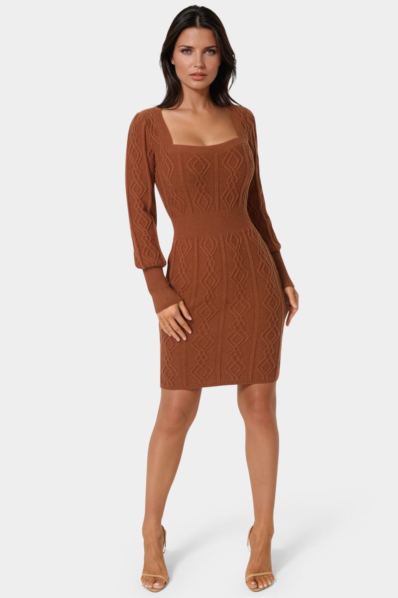 Square Neck Long Sleeve Cable Sweater Dress