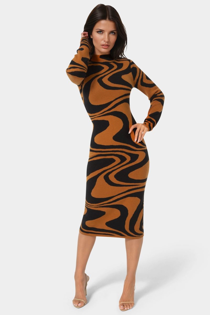 Jacquard Funnel Midi Sweater Dress
