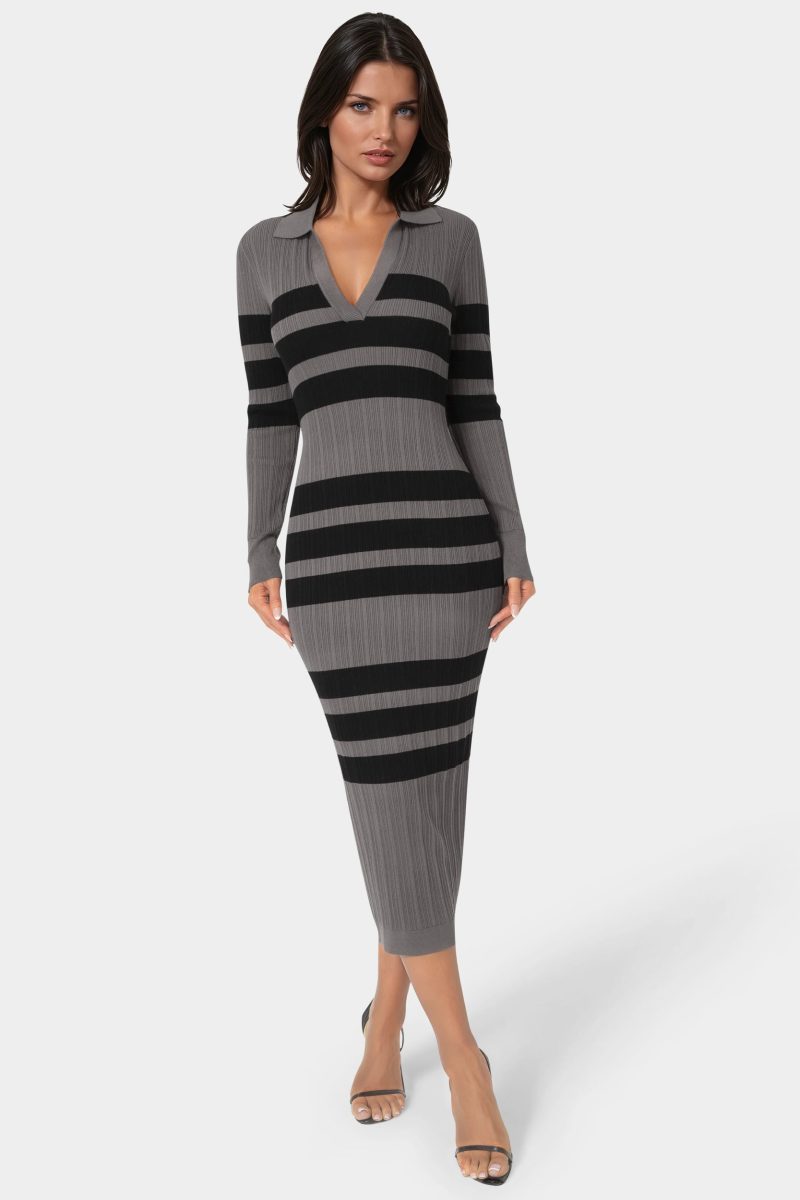 Long Sleeve Collared Striped Knit Dress