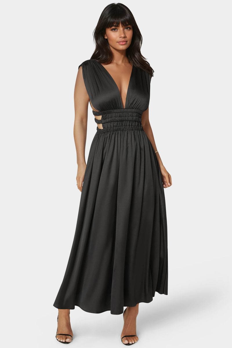 Satin V-Neck Cutout Maxi Dress
