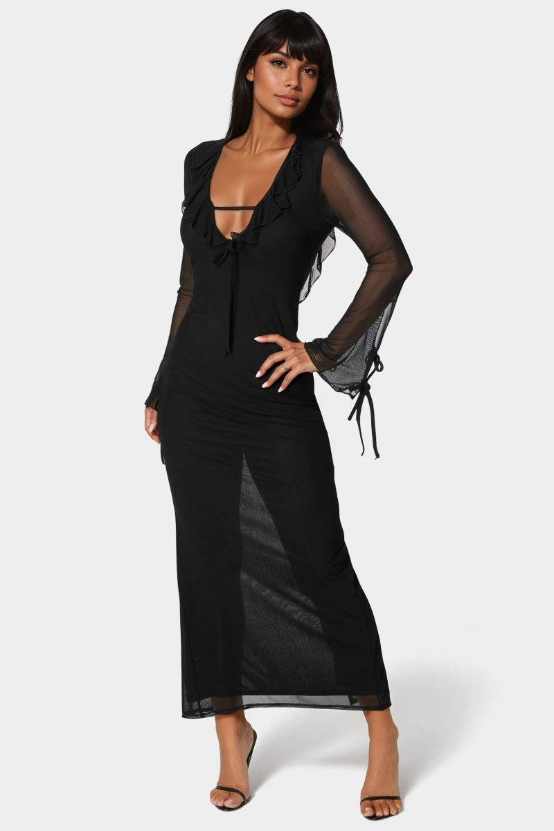 Ruffle Detail Mesh Maxi Dress