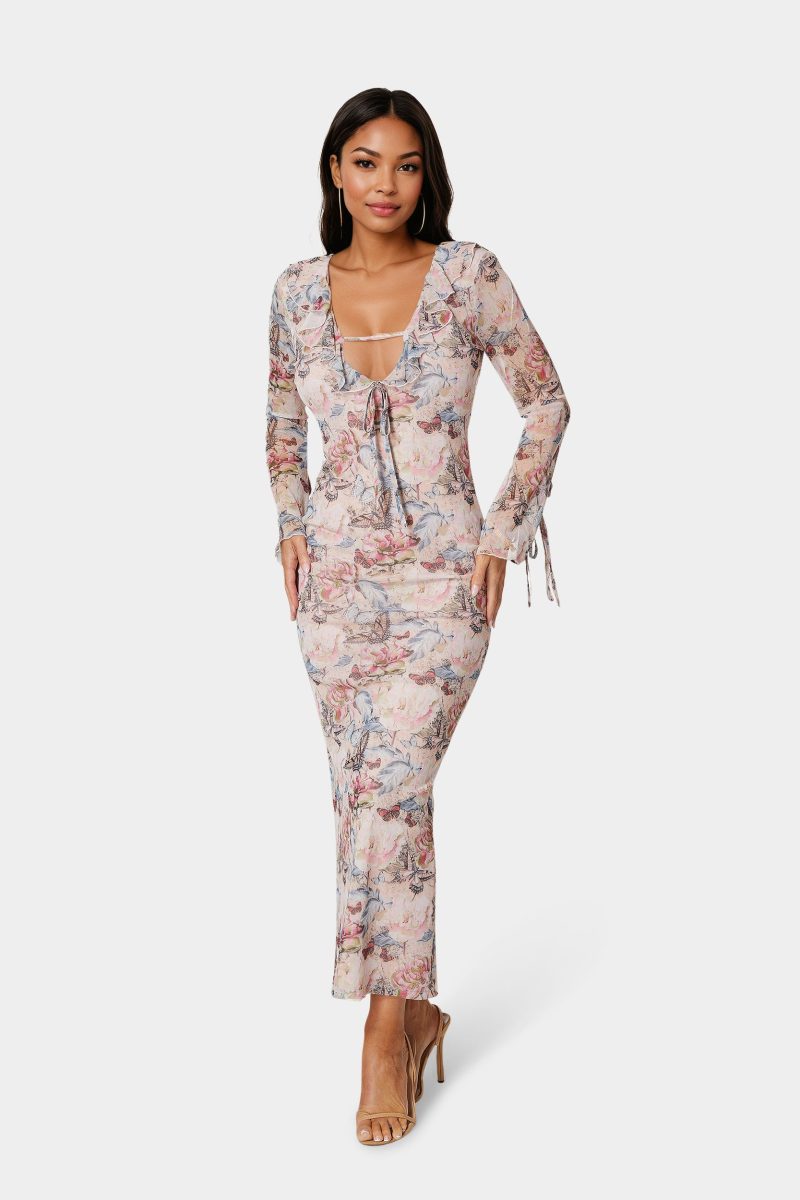 Ruffle Detail Mesh Maxi Dress