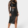 Faux Leather Lace Illusion Midi Dress