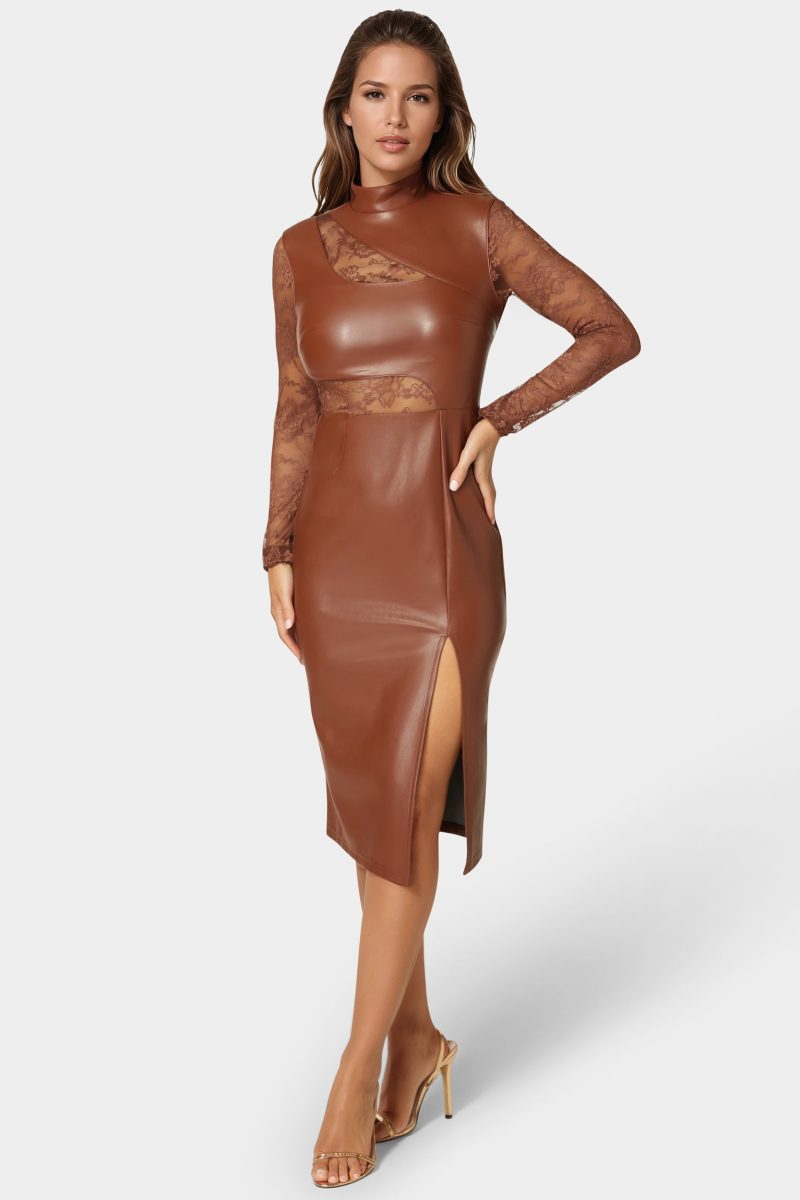 Faux Leather Lace Illusion Midi Dress