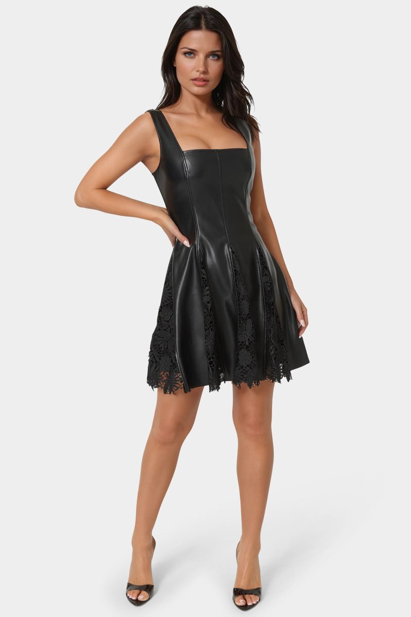 Faux Leather Lace Inset Flare Dress