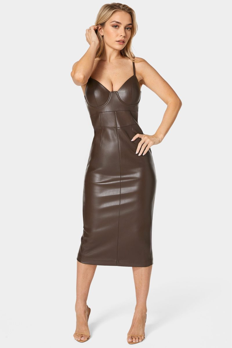 Faux Leather Bustier Midi Dress
