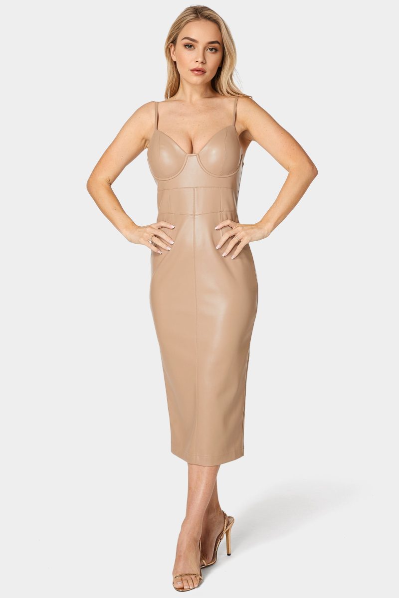 Faux Leather Bustier Midi Dress