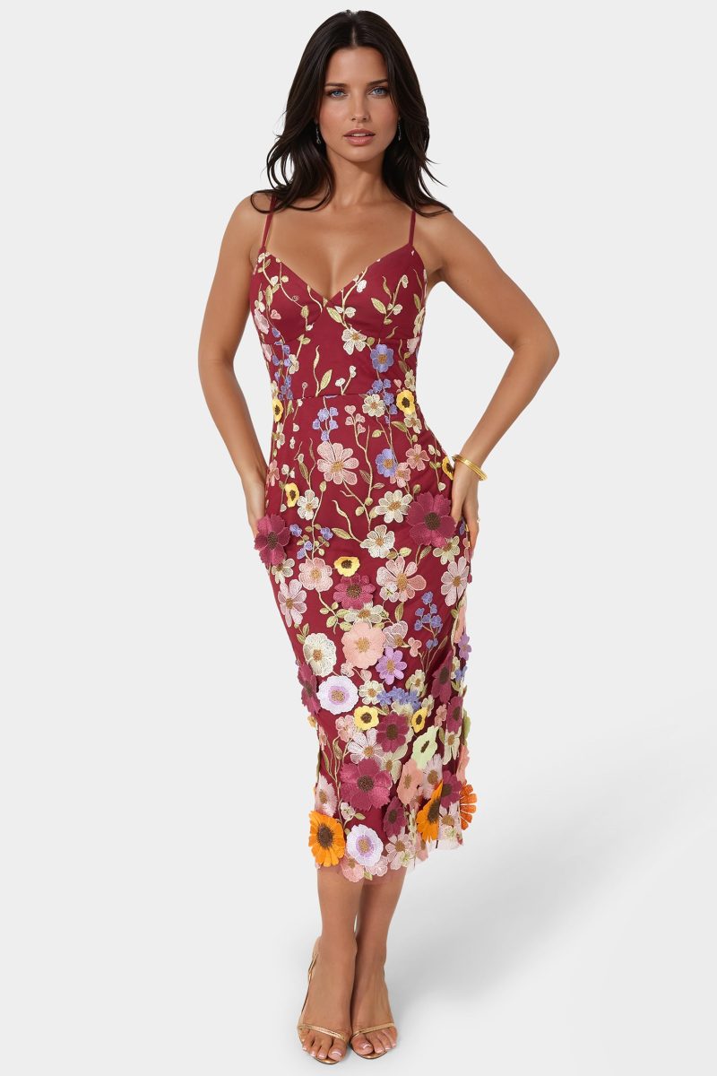 3D Floral Strappy V-Neck Midi Dress