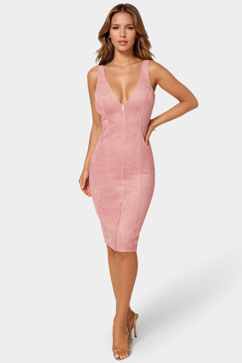 Faux Suede Zip Front Pencil Dress