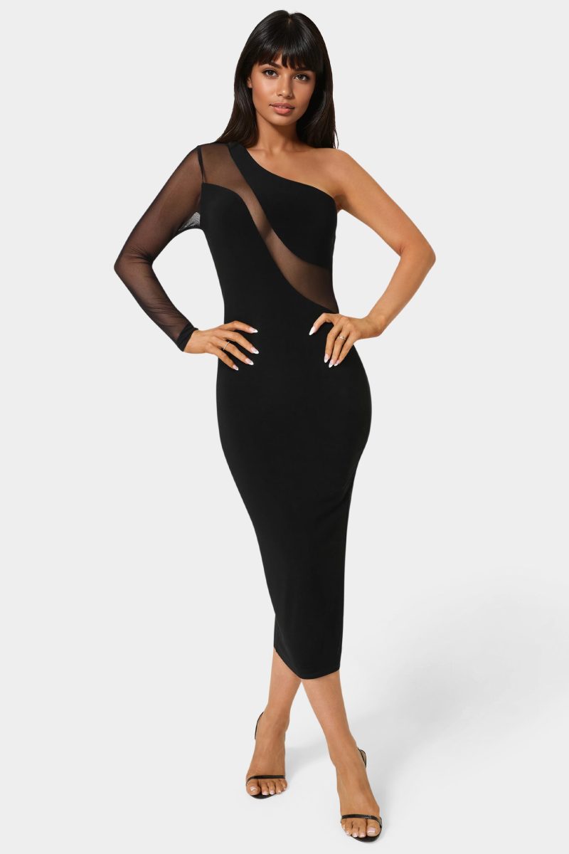 One Shoulder Mesh Insert Midi Dress