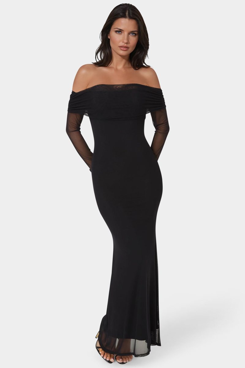 Long Sleeve Off the Shoulder Mesh Maxi Dress