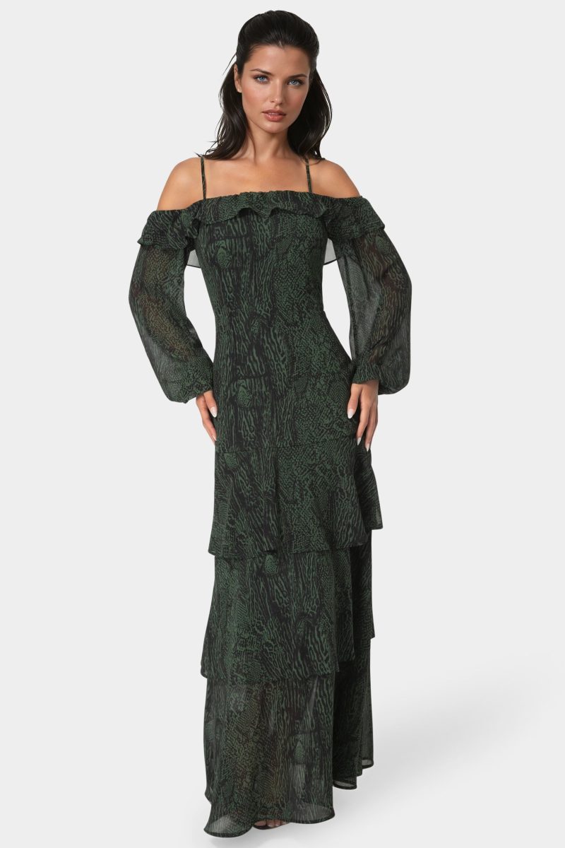 Long Sleeve Off the Shoulder Tiered Maxi Dress