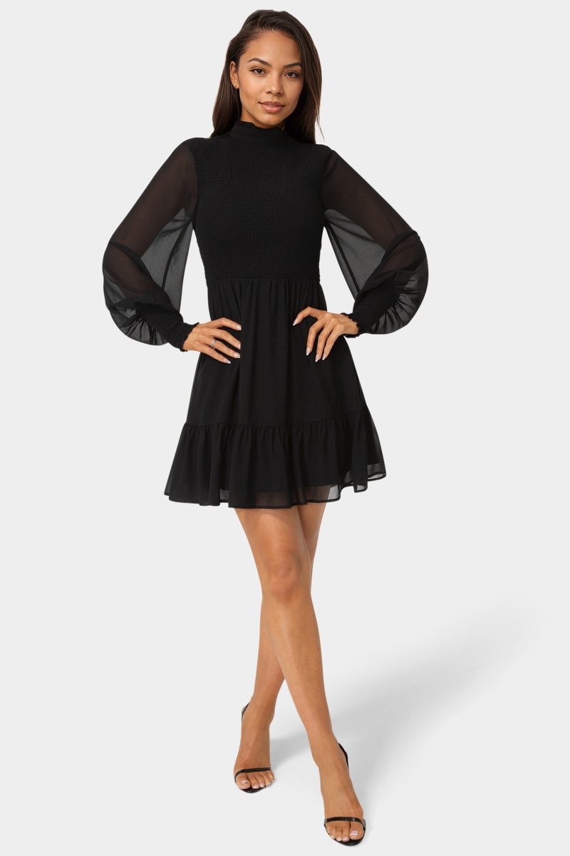 Long Sleeve Mock Neck Chifon Smocked Mini Dress