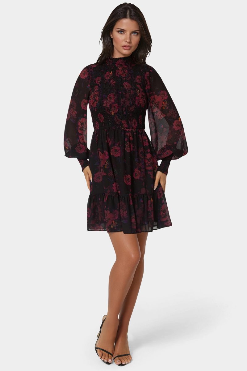 Long Sleeve Mock Neck Chifon Smocked Mini Dress