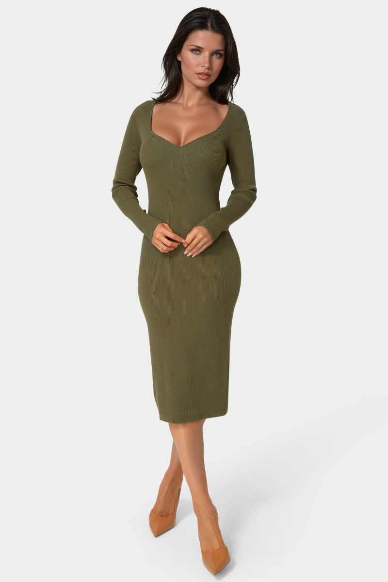 Long Sleeve V-Neck Midi Sweater Dress