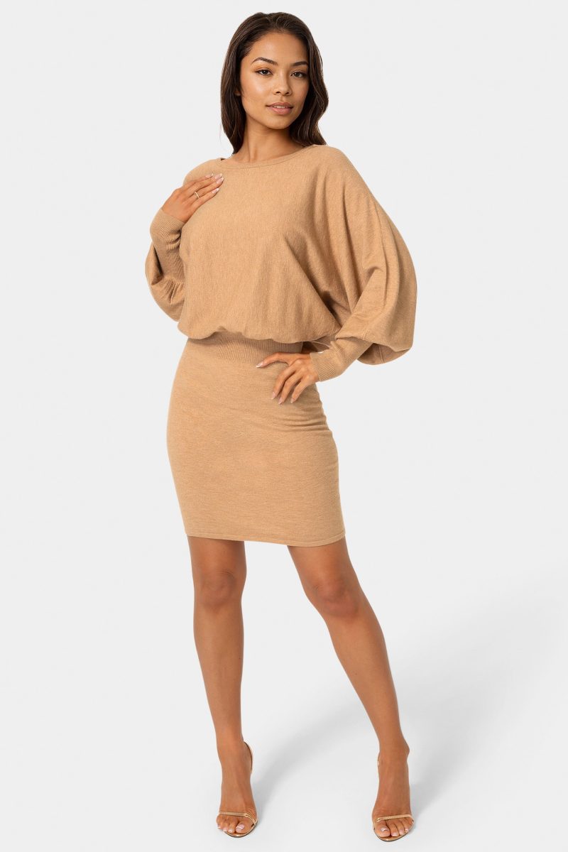 Scoop Neck Blouson Sweater Midi Dress