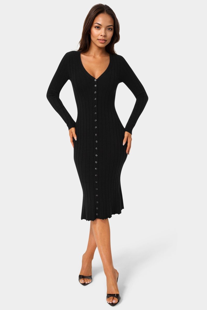 Button Front V-Neck Sweater Midi Dress