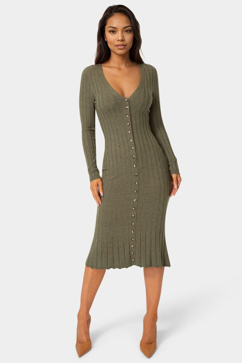 Button Front V-Neck Sweater Midi Dress